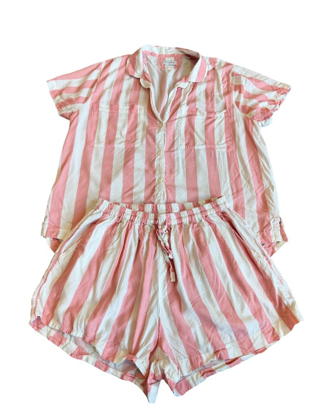 Piyama Pink White Striped Cotton Pajama Shirt Set Shorts Matching Medium Women's